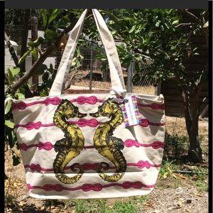Sea Horses Tote Bag Canvas Pink Stripes Large Blue Lining New
